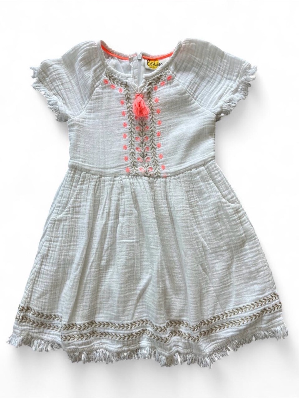 Mini Boden Girls White Double Gauze Cotton Dress Pockets Size 6-7Y
